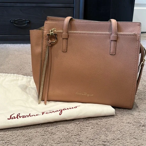 Salvatore Ferragamo Hammered Calfskin Double Handle Medium Amy Tote Blush Pink